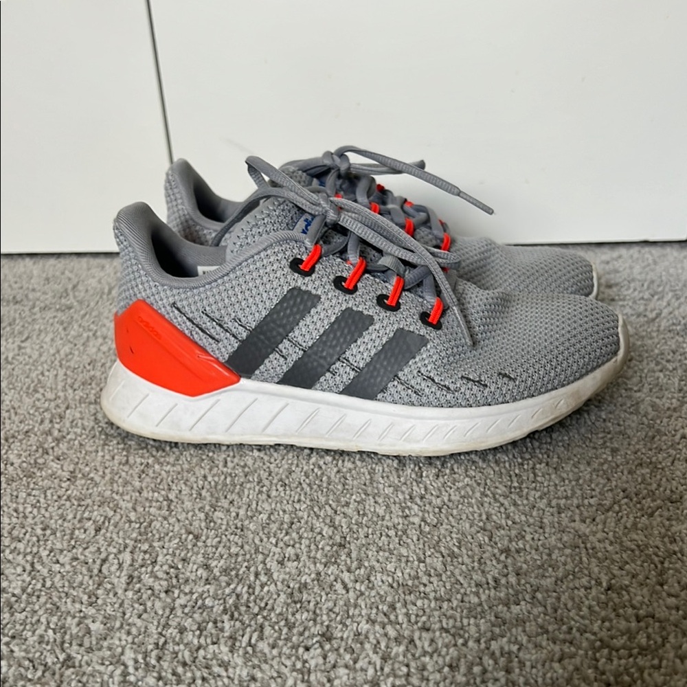Adidas Gray and Orange Sneakers with Knit Upper and Signature Stripes